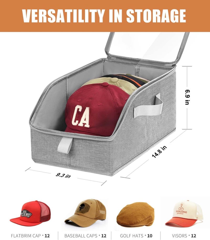 Livelab Hat Organizer for Baseball Caps, Hat Storage Holder Container for Closet Hold Up to 24 Caps with Clear Window, Hat Boxes for Home Storage | 2Pcs Grey - Image 4